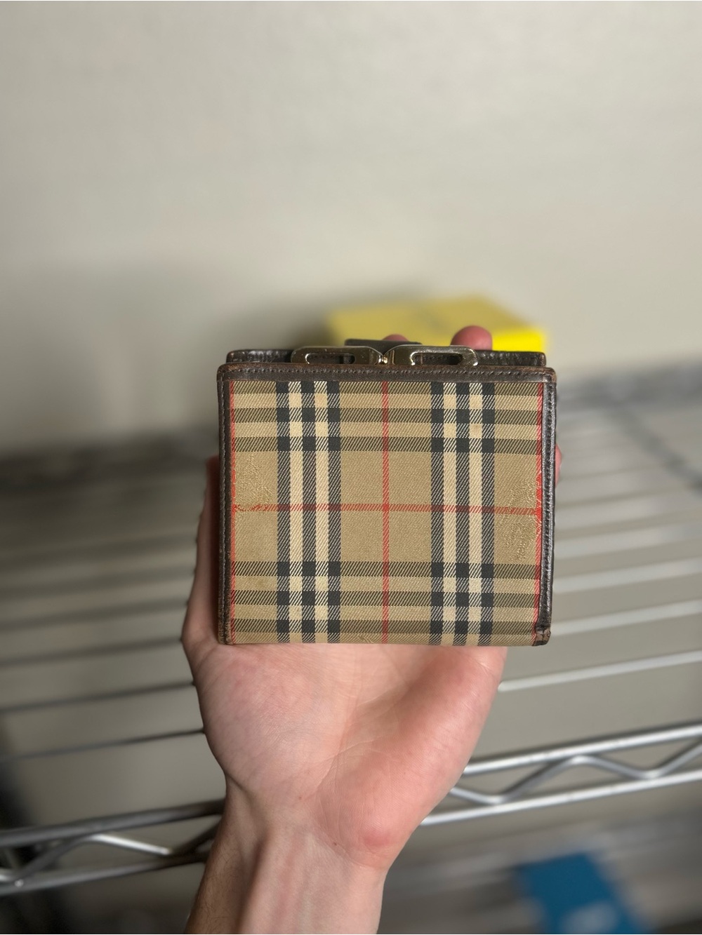 Burberry Tan Plaid Snap Wallet with Black Leather Tab and Red Accents - Picture 5 of 6